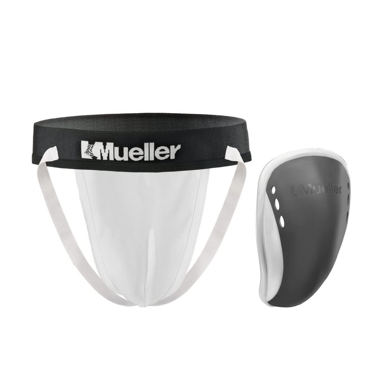 MUELLER Sports Medicine Men's Athletic Supporter with Flex Shield Cup, Adult Jockstrap for Sports, White Underwear/Gray Cup, Small - Image 1